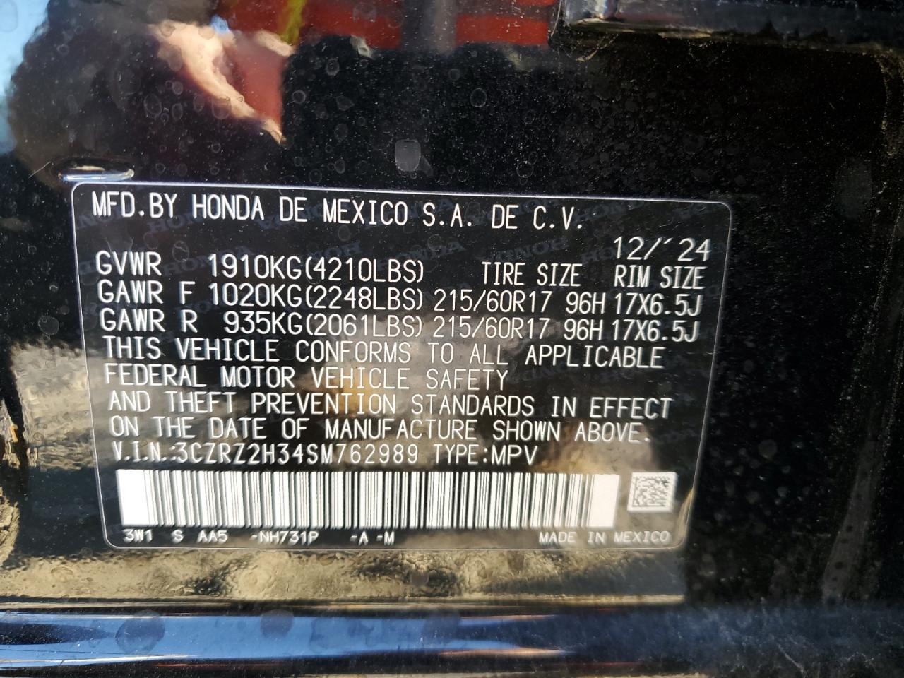 2025 Honda Hr-V Lx VIN: 3CZRZ2H34SM762989 Lot: 82303645