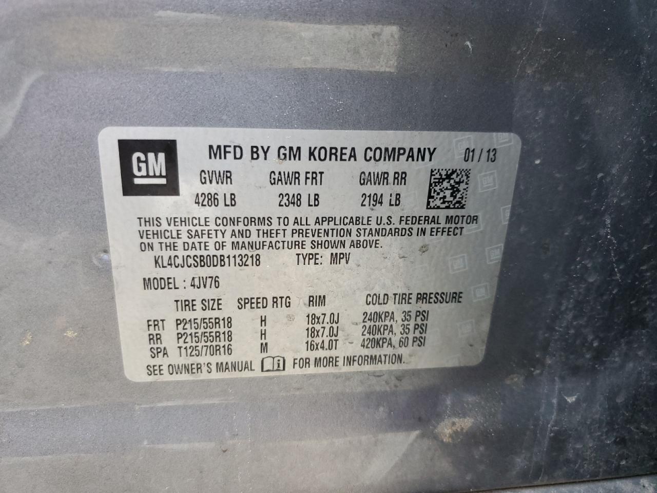 2013 Buick Encore VIN: KL4CJCSB0DB113218 Lot: 82654475