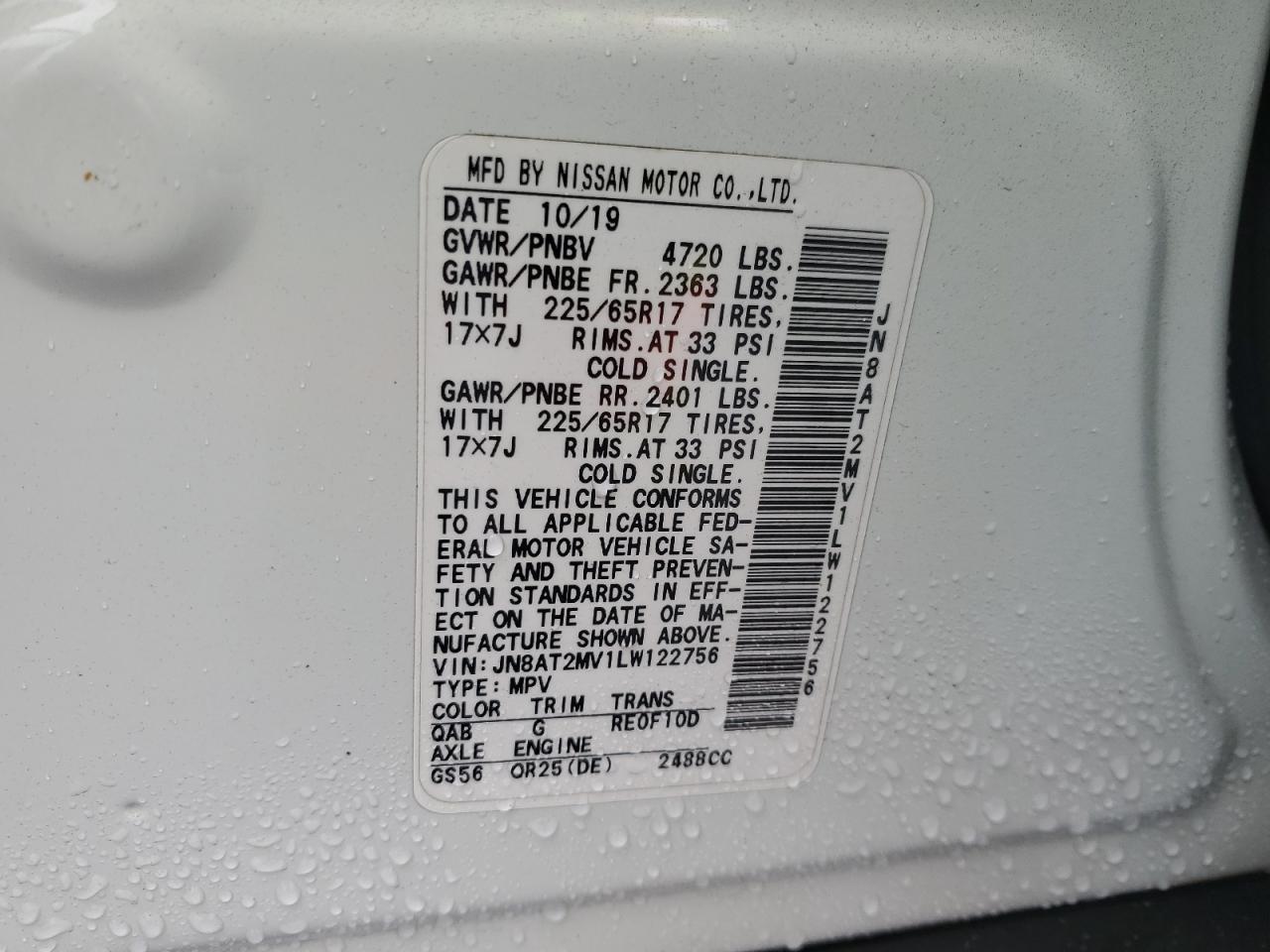 2020 Nissan Rogue S VIN: JN8AT2MV1LW122756 Lot: 86231025