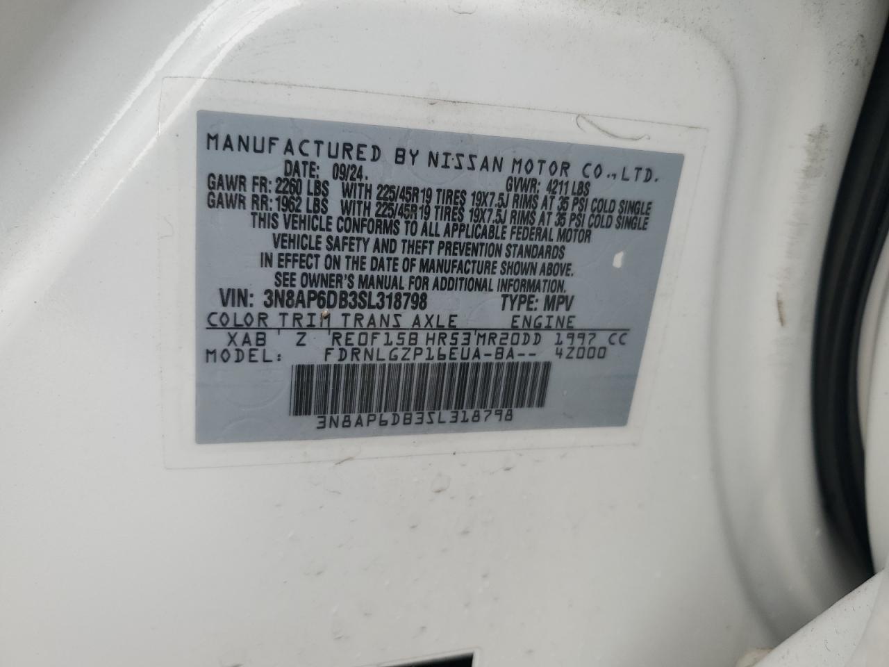 2025 Nissan Kicks Sr VIN: 3N8AP6DB3SL318798 Lot: 85365775