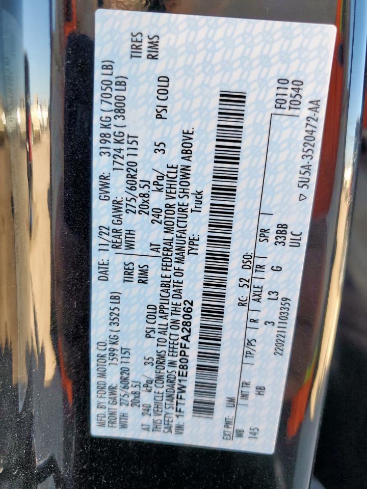 2023 Ford F150 Supercrew VIN: 1FTFW1E80PFA28062 Lot: 90531305