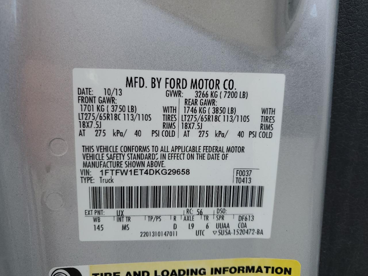 2013 Ford F150 Supercrew VIN: 1FTFW1ET4DKG29658 Lot: 86080025