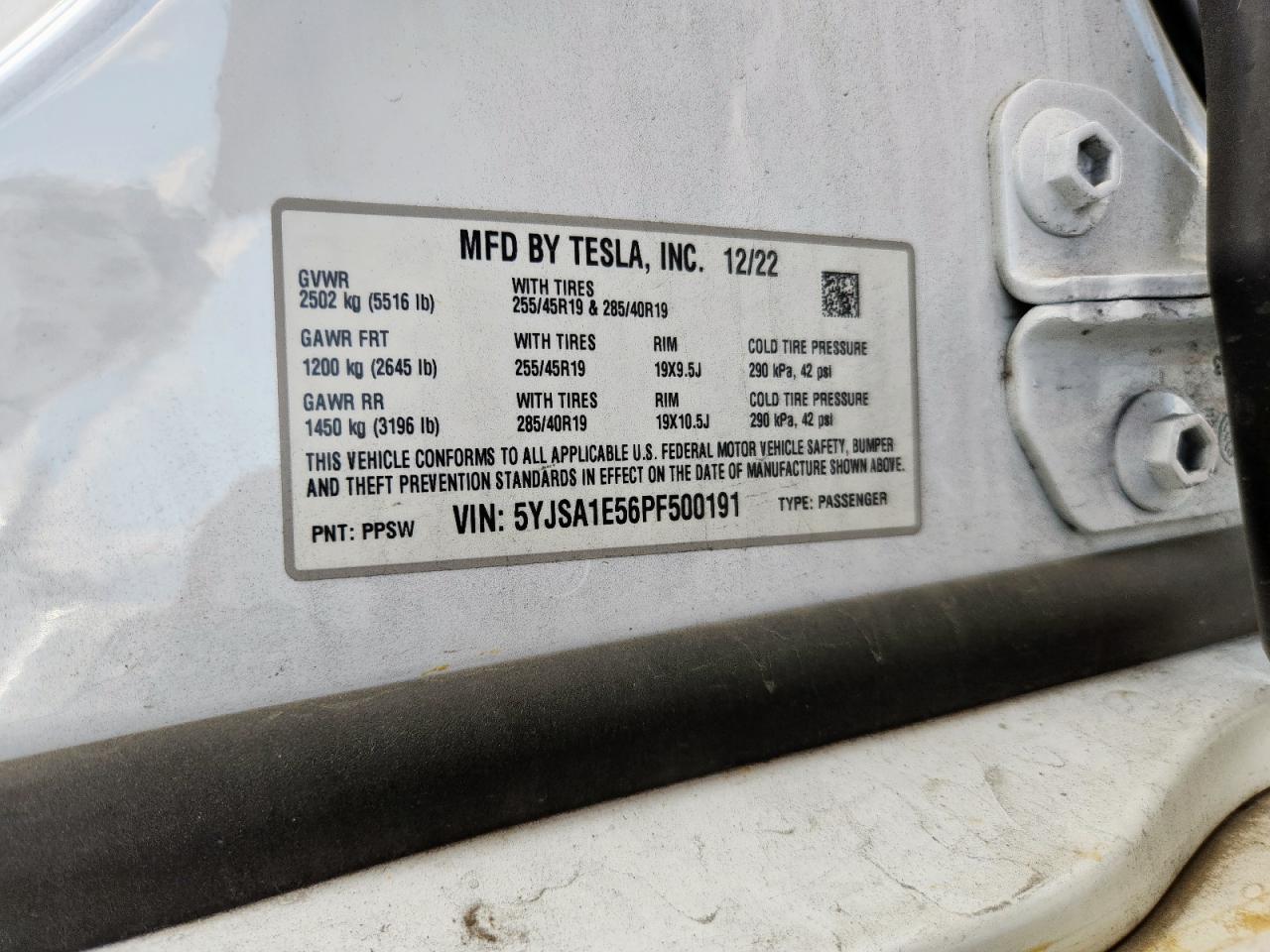 2023 Tesla Model S VIN: 5YJSA1E56PF500191 Lot: 85742975