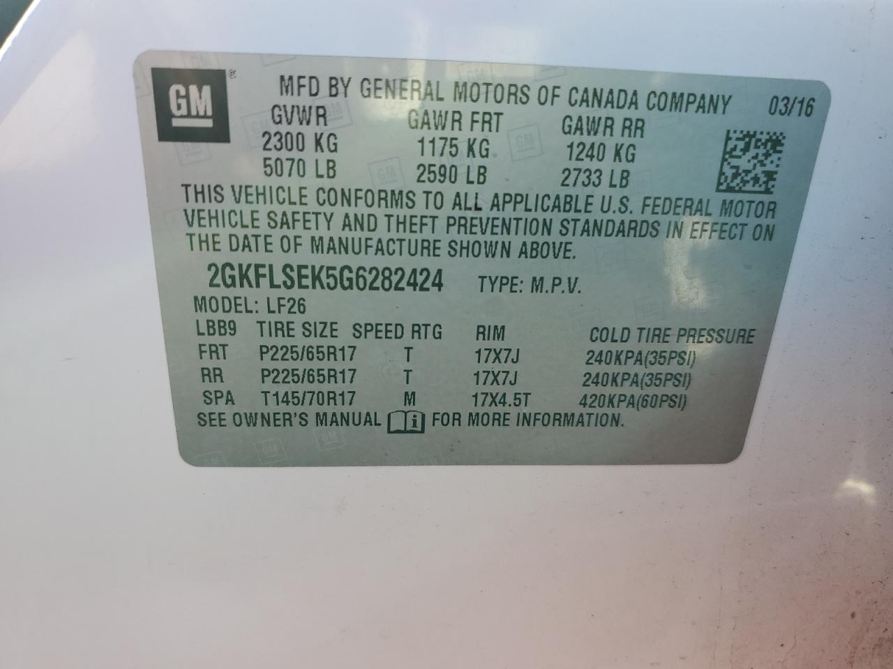 2016 GMC Terrain Sle VIN: 2GKFLSEK5G6282424 Lot: 84014175