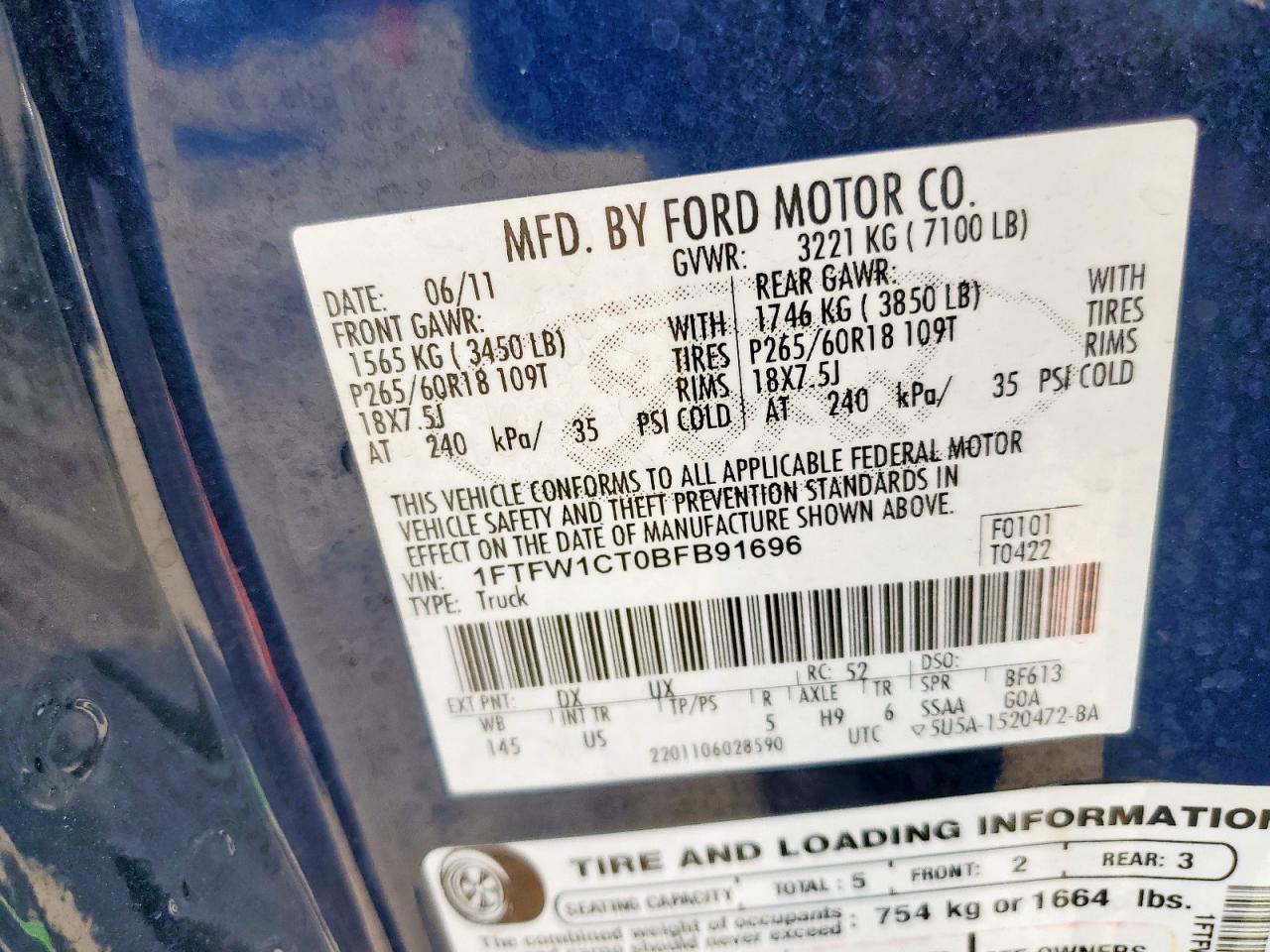 2011 Ford F150 Supercrew VIN: 1FTFW1CT0BFB91696 Lot: 82344255