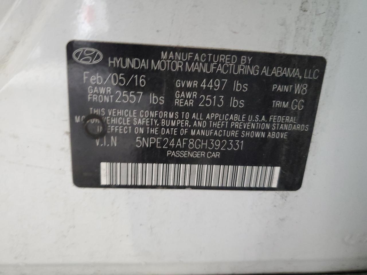 2016 Hyundai Sonata Se VIN: 5NPE24AF8GH392331 Lot: 82196085