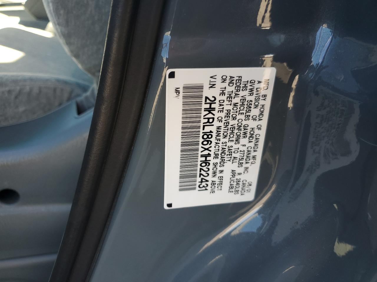 2001 Honda Odyssey Ex VIN: 2HKRL186X1H622431 Lot: 82617445