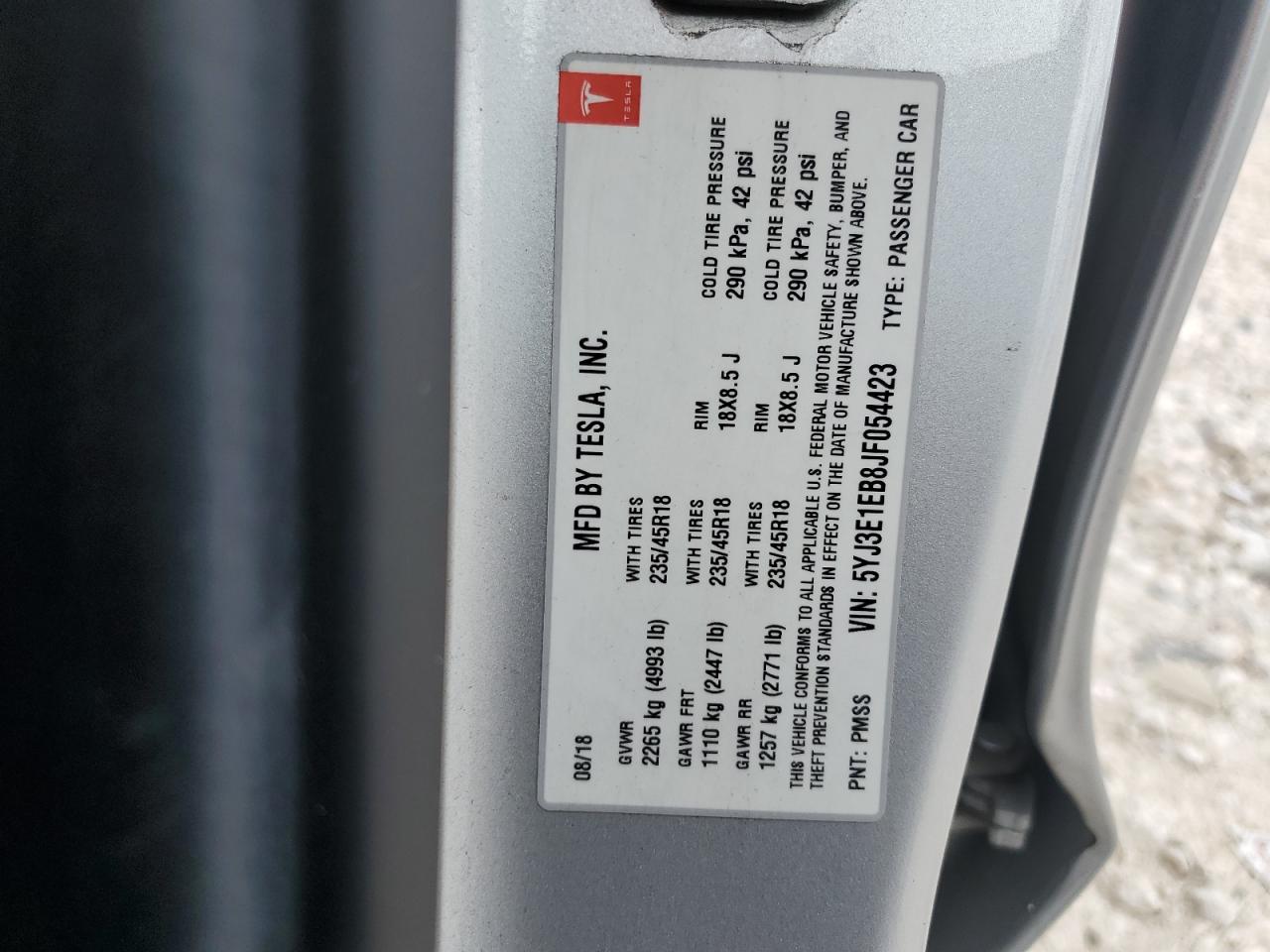 2018 Tesla Model 3 VIN: 5YJ3E1EB8JF054423 Lot: 87477425