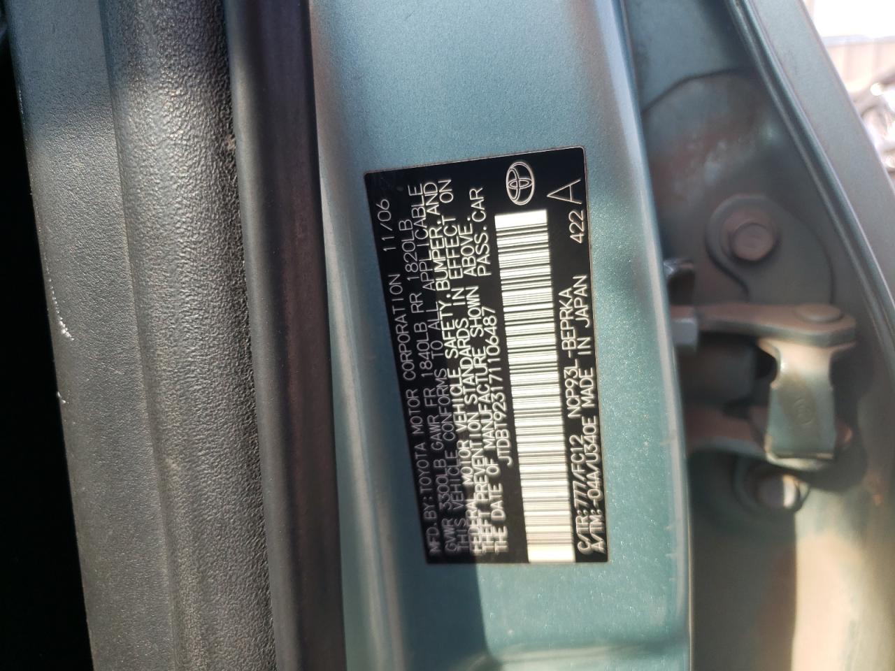 2007 Toyota Yaris VIN: JTDBT923171106487 Lot: 85161175