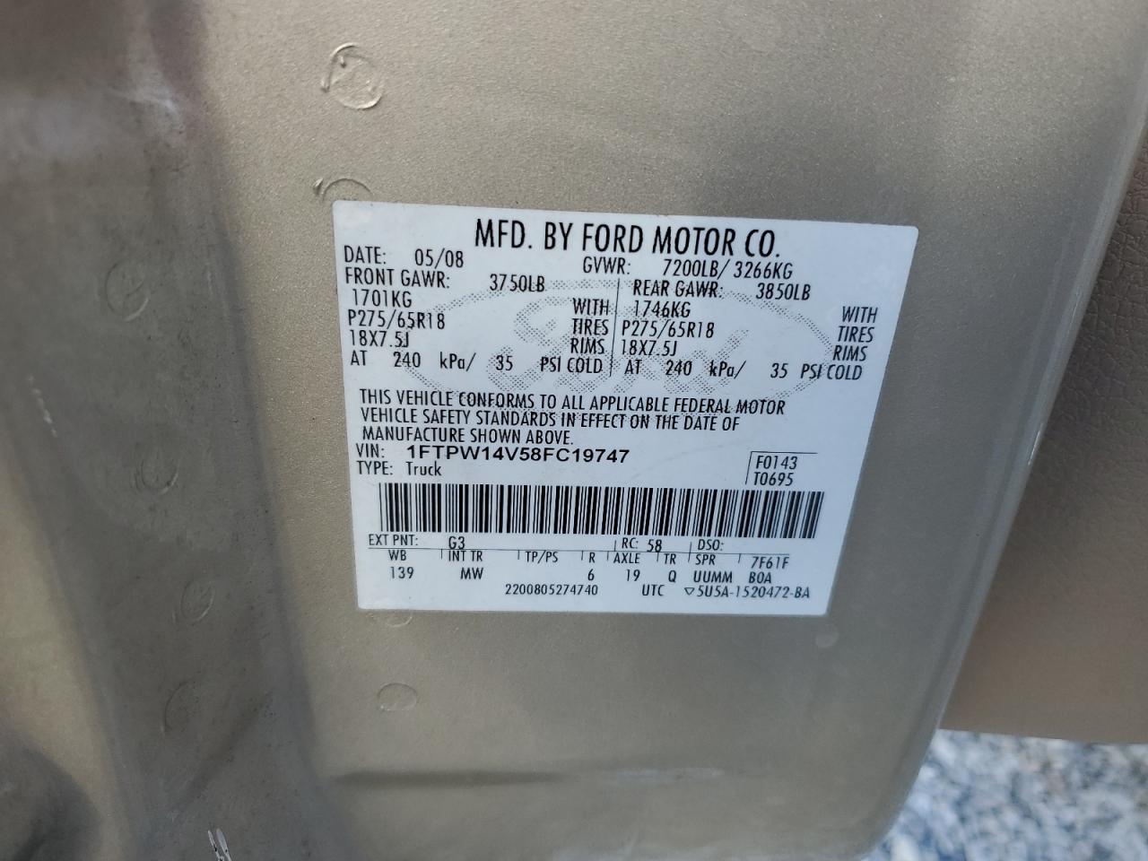 2008 Ford F150 Supercrew VIN: 1FTPW14V58FC19747 Lot: 90738605