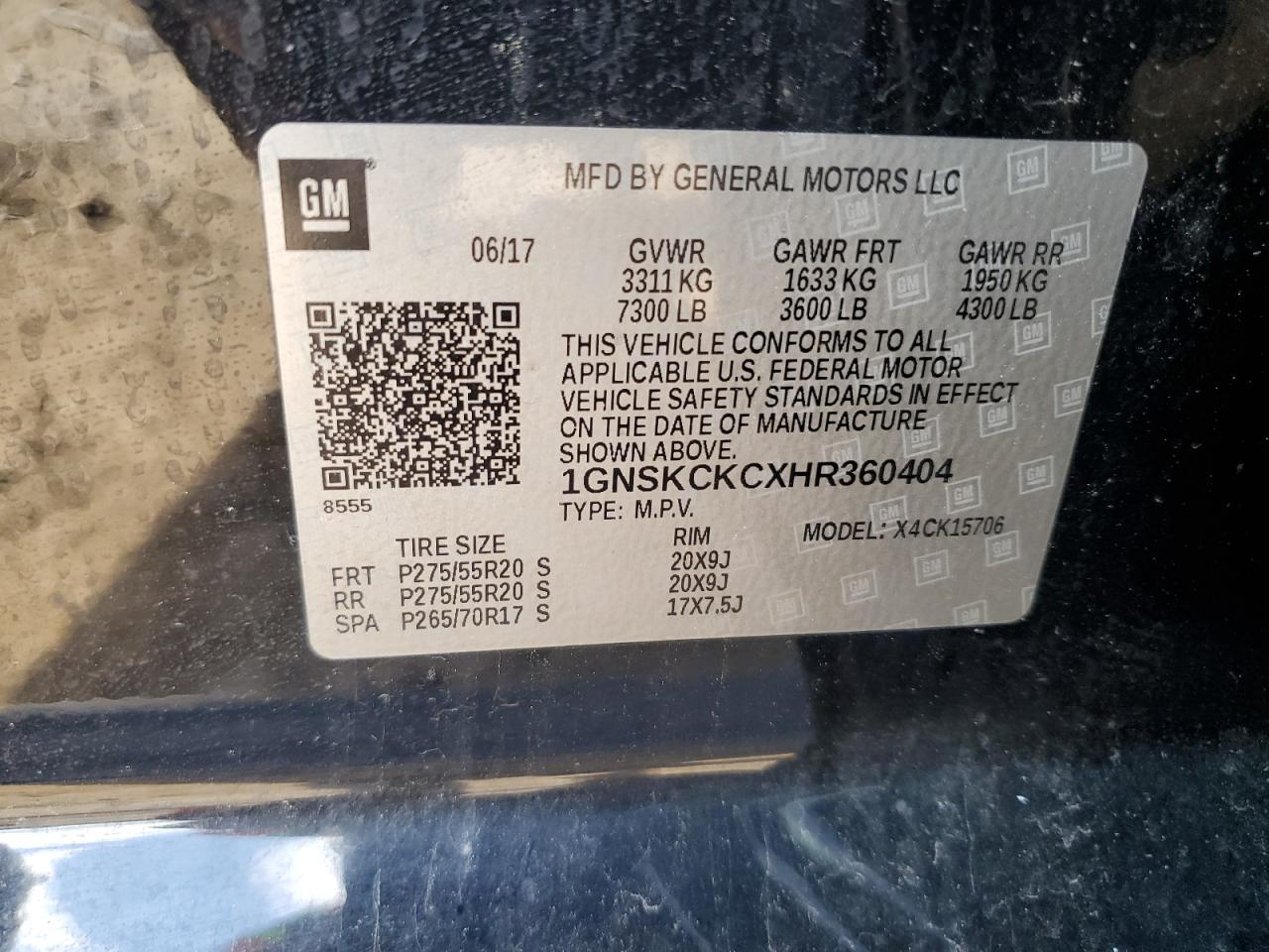 2017 Chevrolet Tahoe K1500 Premier VIN: 1GNSKCKCXHR360404 Lot: 85515675