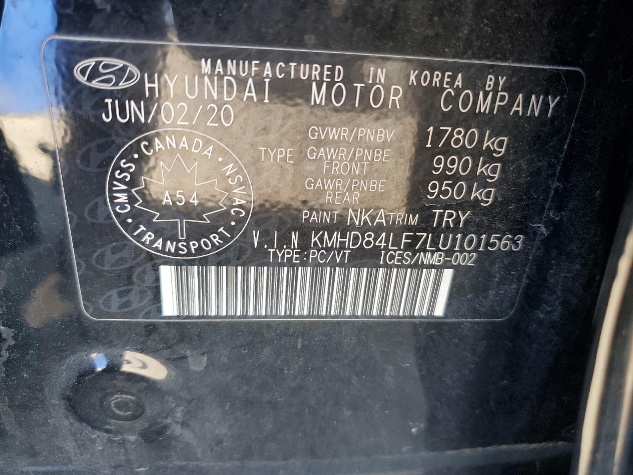 2020 Hyundai Elantra Sel VIN: KMHD84LF7LU101563 Lot: 86241365