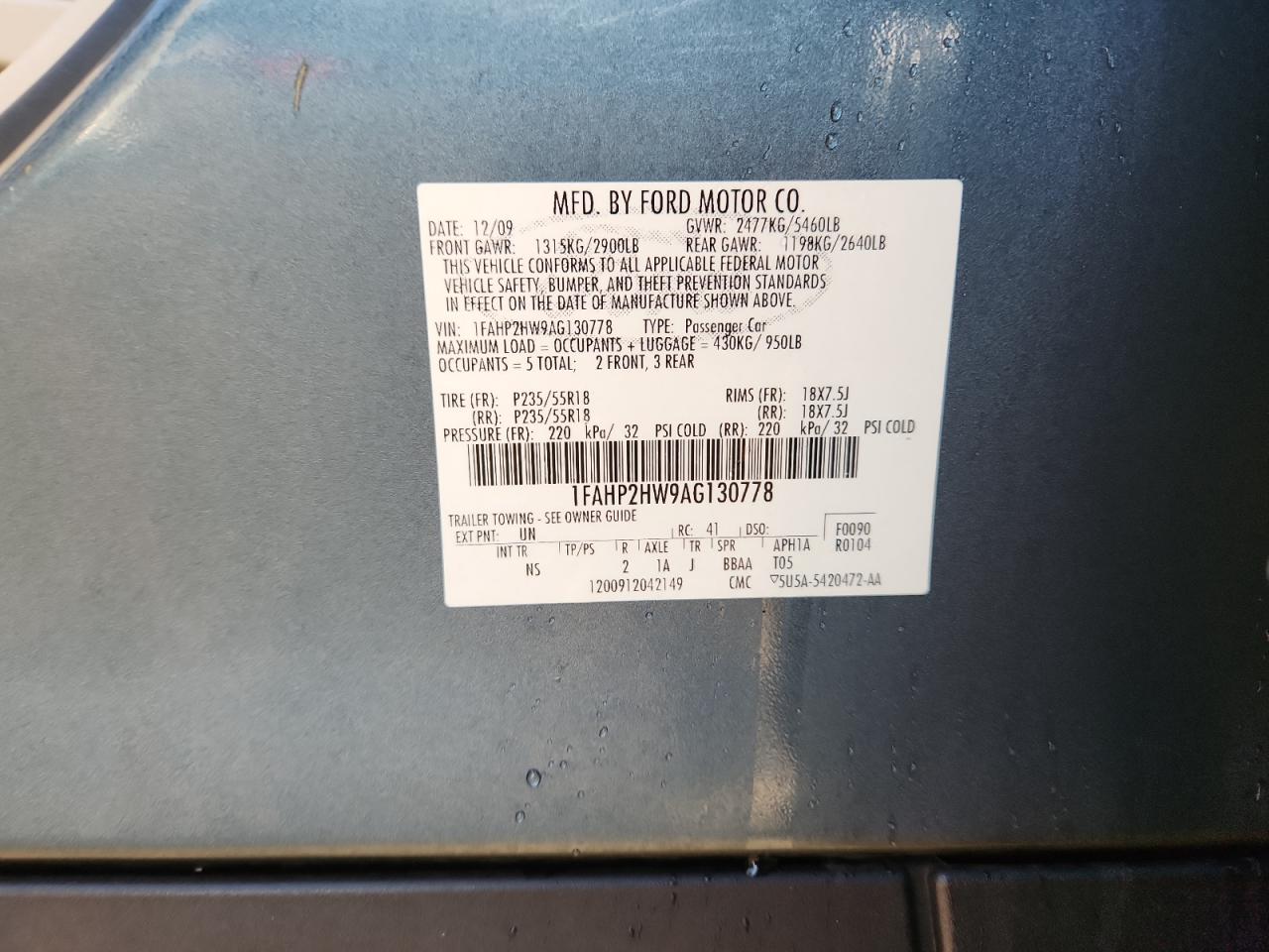 2010 Ford Taurus Sel VIN: 1FAHP2HW9AG130778 Lot: 86448885