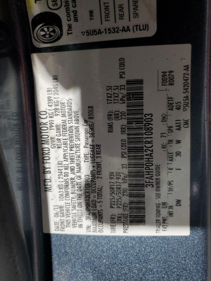 2012 Ford Fusion Se VIN: 3FAHP0HA2CR108903 Lot: 82485535