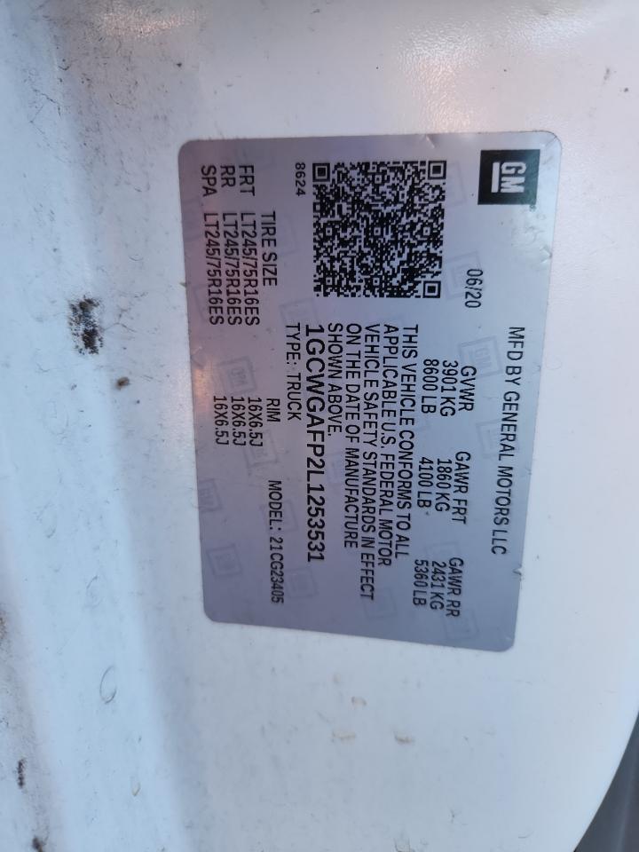 2020 Chevrolet Express 2500 Delivery Van VIN: 1GCWGAFP2L1253531 Lot: 87298065