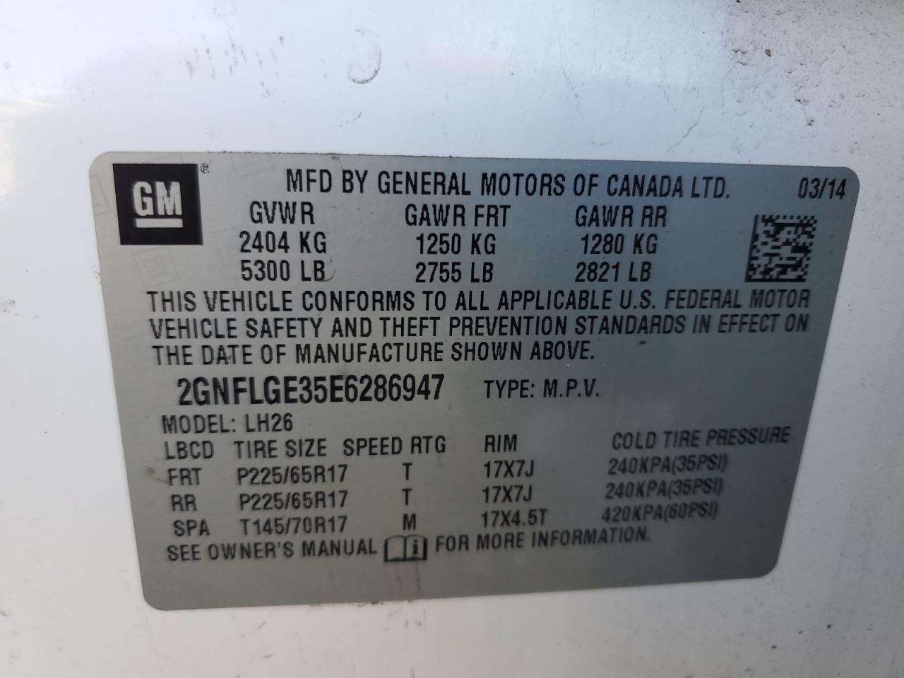 2014 Chevrolet Equinox Lt VIN: 2GNFLGE35E6286947 Lot: 82414035