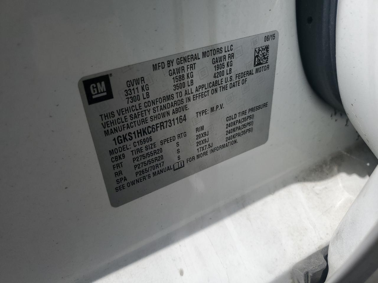 2015 GMC Yukon Xl C1500 Slt VIN: 1GKS1HKC6FR731164 Lot: 85539375