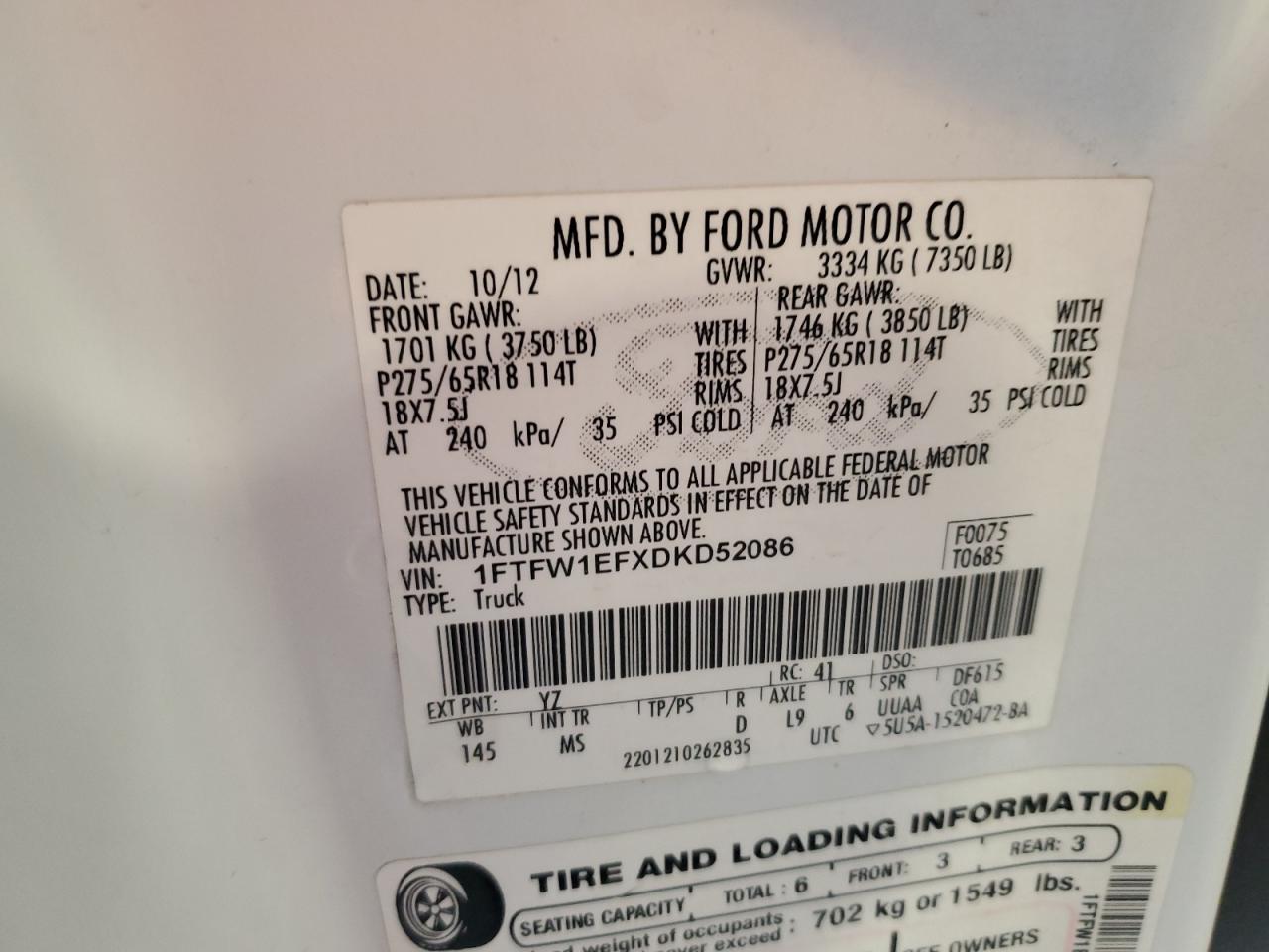 2013 Ford F150 Supercrew VIN: 1FTFW1EFXDKD52086 Lot: 87461625