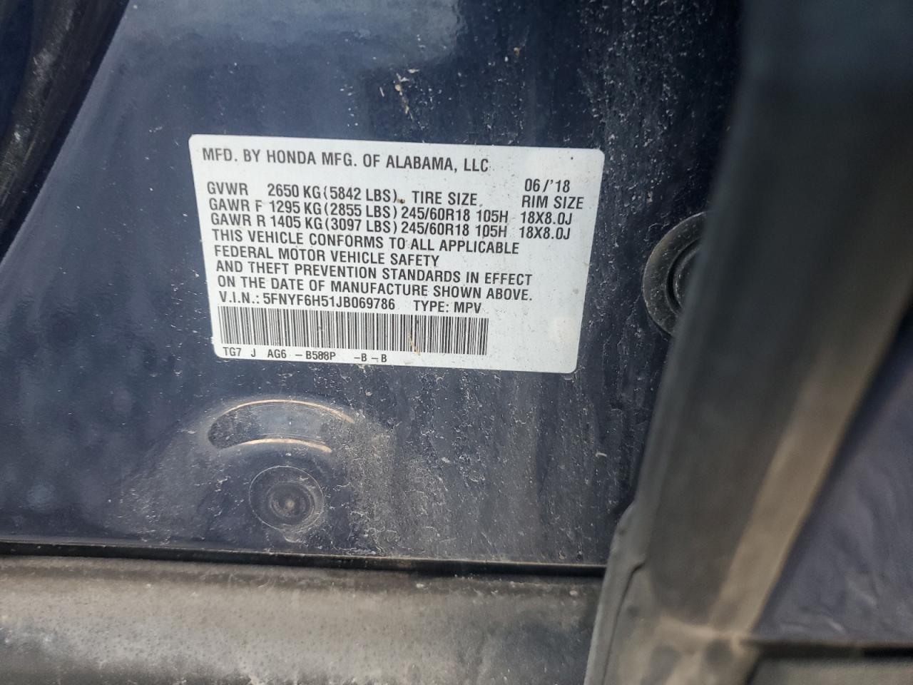 2018 Honda Pilot Exl VIN: 5FNYF6H51JB069786 Lot: 82359975