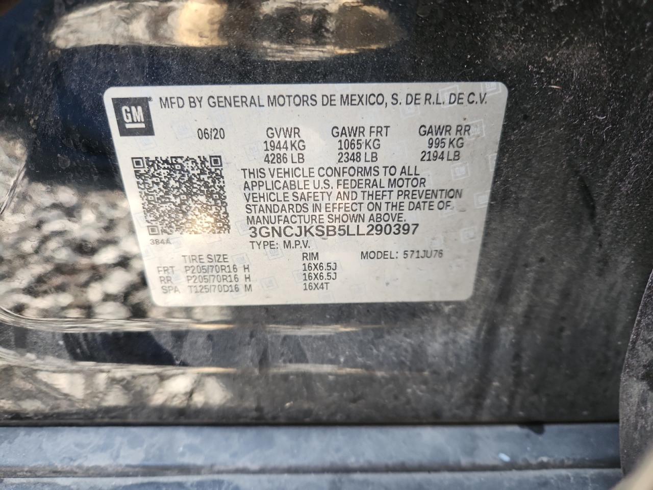 2020 Chevrolet Trax Ls VIN: 3GNCJKSB5LL290397 Lot: 90606095