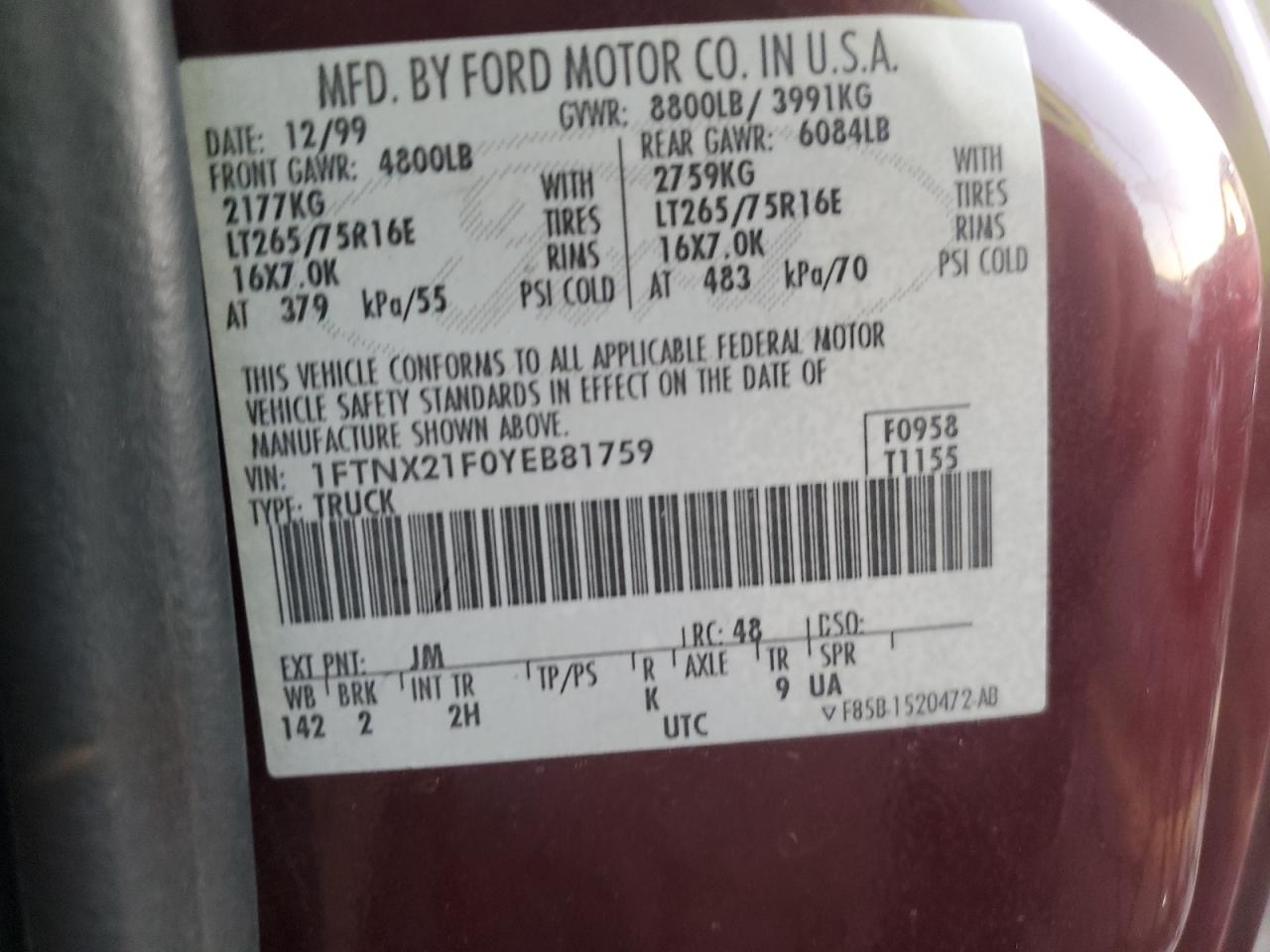 2000 Ford F250 Super Duty VIN: 1FTNX21F0YEB81759 Lot: 87129835