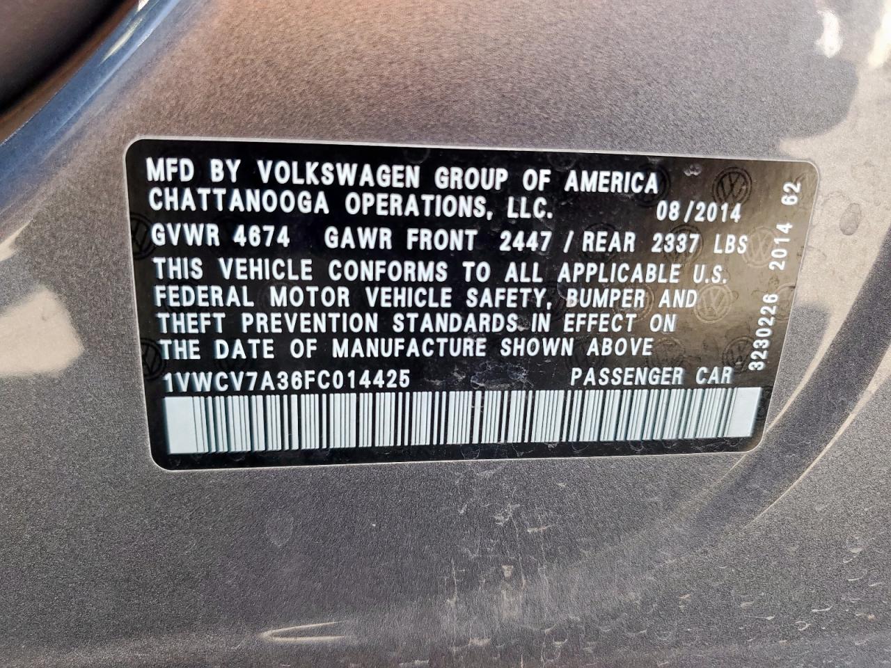 2015 Volkswagen Passat Sel VIN: 1VWCV7A36FC014425 Lot: 85580485