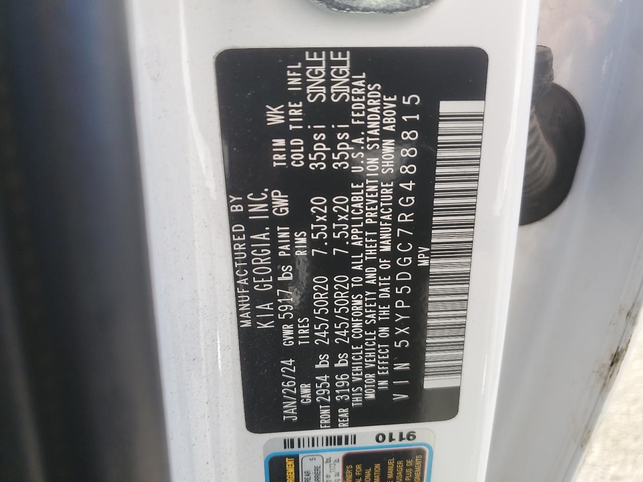 2024 Kia Telluride Sx VIN: 5XYP5DGC7RG488815 Lot: 85735195