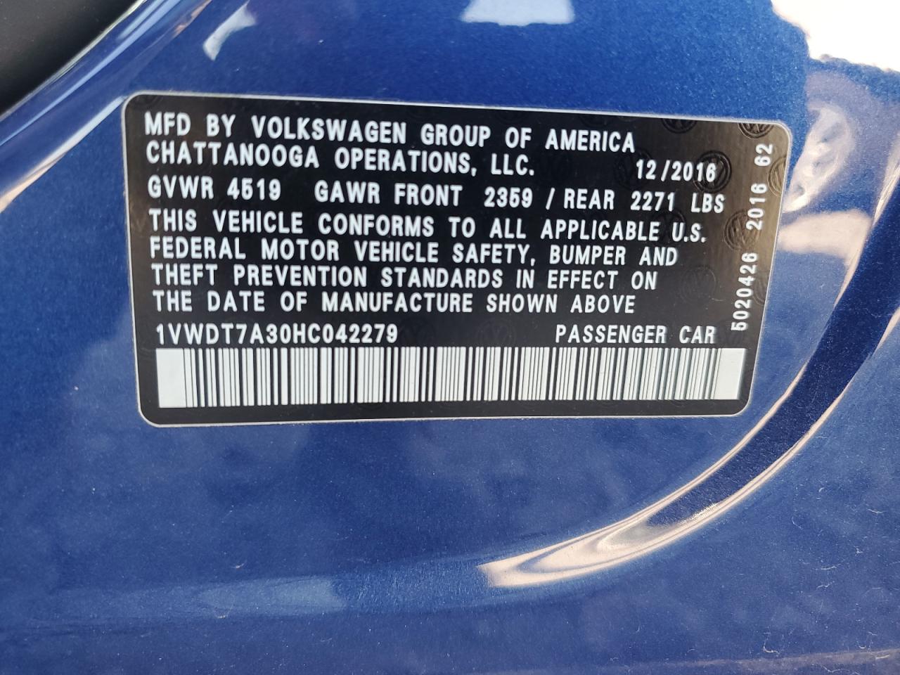 2017 Volkswagen Passat R-Line VIN: 1VWDT7A30HC042279 Lot: 84656255