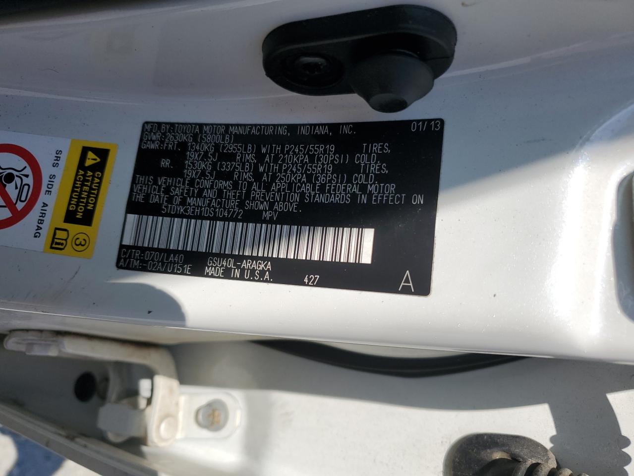 2013 Toyota Highlander Limited VIN: 5TDYK3EH1DS104772 Lot: 85503135