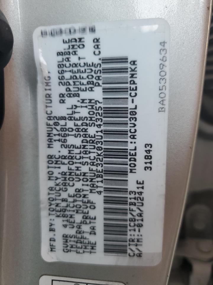 2003 Toyota Camry Le VIN: 4T1BE32K03U143257 Lot: 85743645