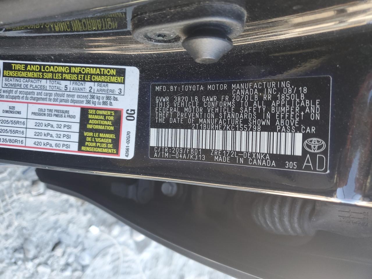 2019 Toyota Corolla L VIN: 2T1BURHE7KC155798 Lot: 82384085