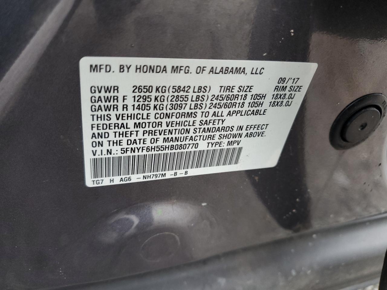 2017 Honda Pilot Exl VIN: 5FNYF6H55HB080770 Lot: 85640875