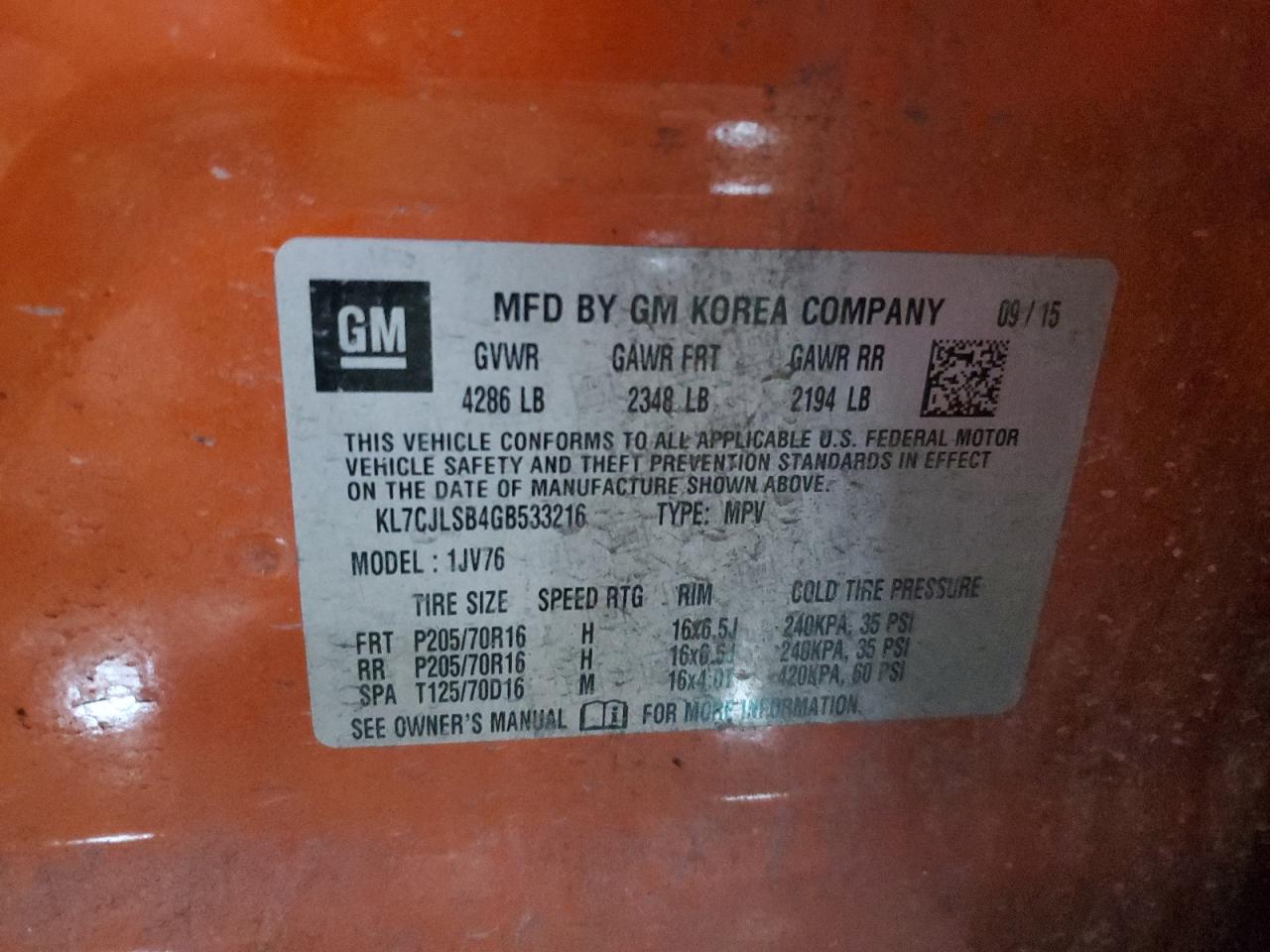 2016 Chevrolet Trax 1Lt VIN: KL7CJLSB4GB533216 Lot: 89685465