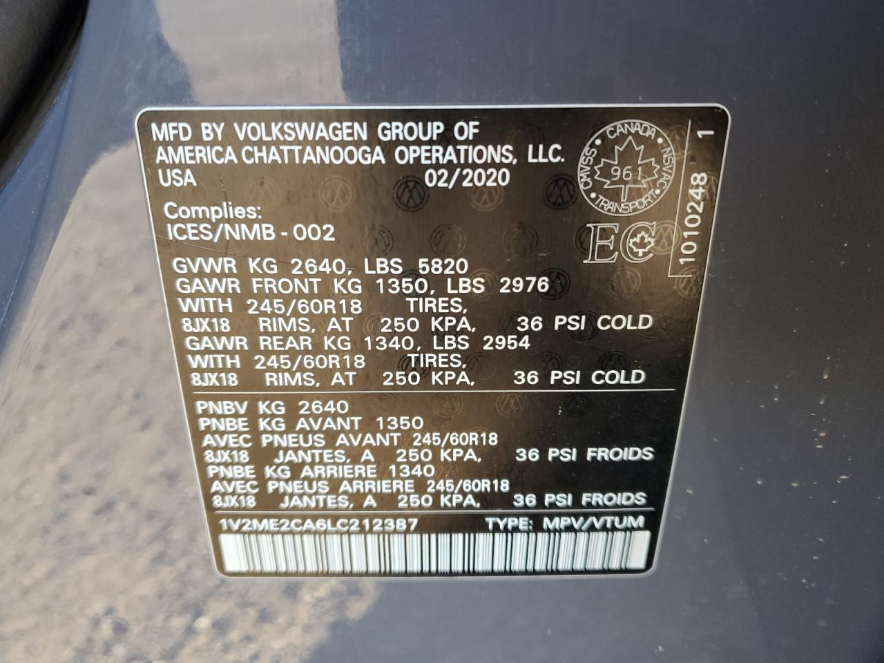 2020 Volkswagen Atlas Cross Sport Sel VIN: 1V2ME2CA6LC212387 Lot: 85324745