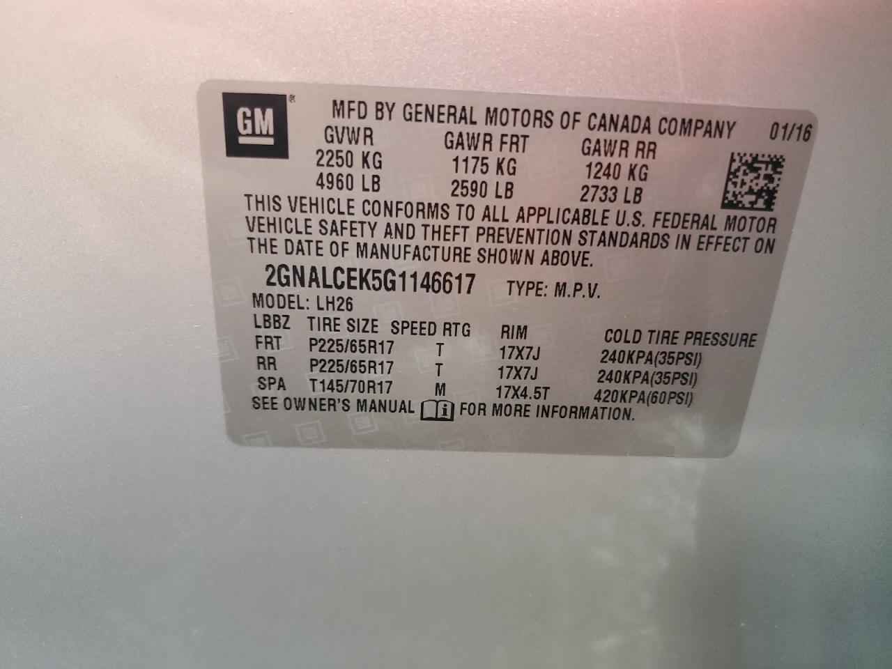 2016 Chevrolet Equinox Lt VIN: 2GNALCEK5G1146617 Lot: 85819595