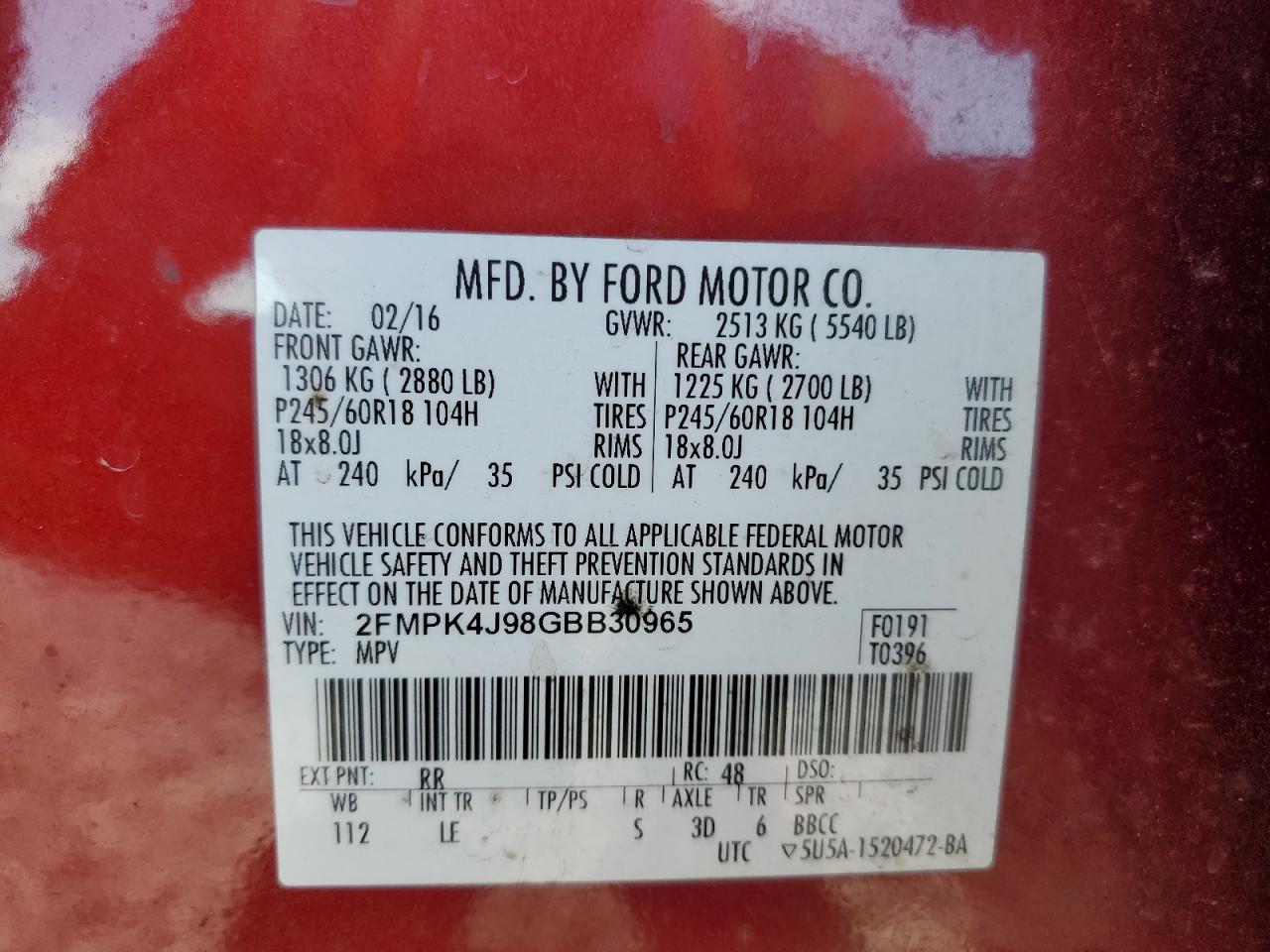 2016 Ford Edge Sel VIN: 2FMPK4J98GBB30965 Lot: 89534905