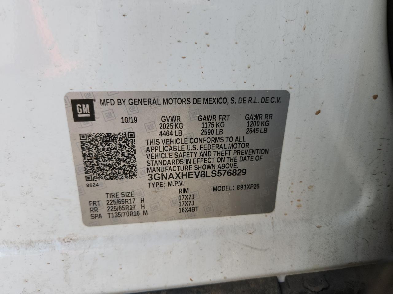 2020 Chevrolet Equinox Ls VIN: 3GNAXHEV8LS576829 Lot: 85917495