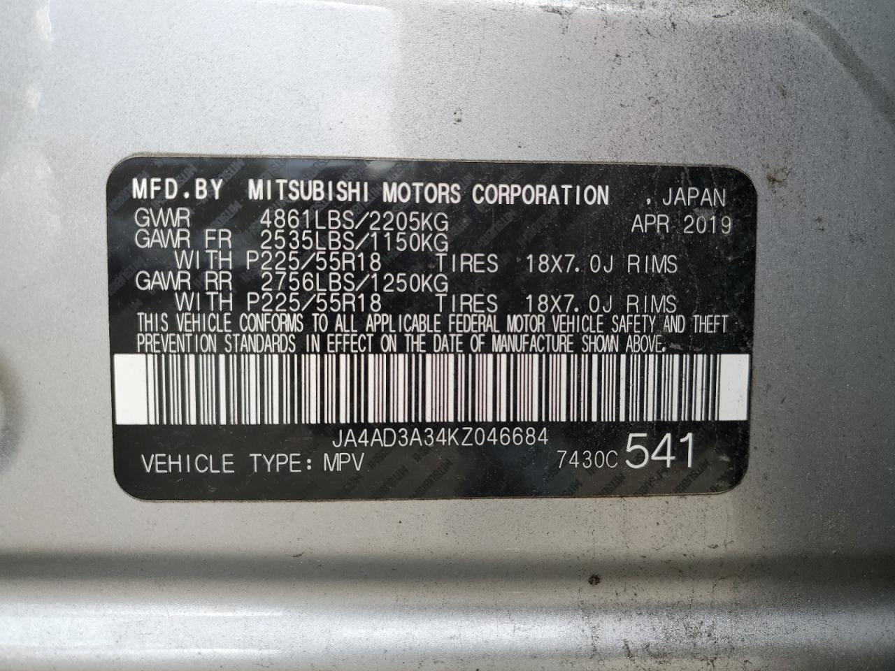 2019 Mitsubishi Outlander Se VIN: JA4AD3A34KZ046684 Lot: 86887245
