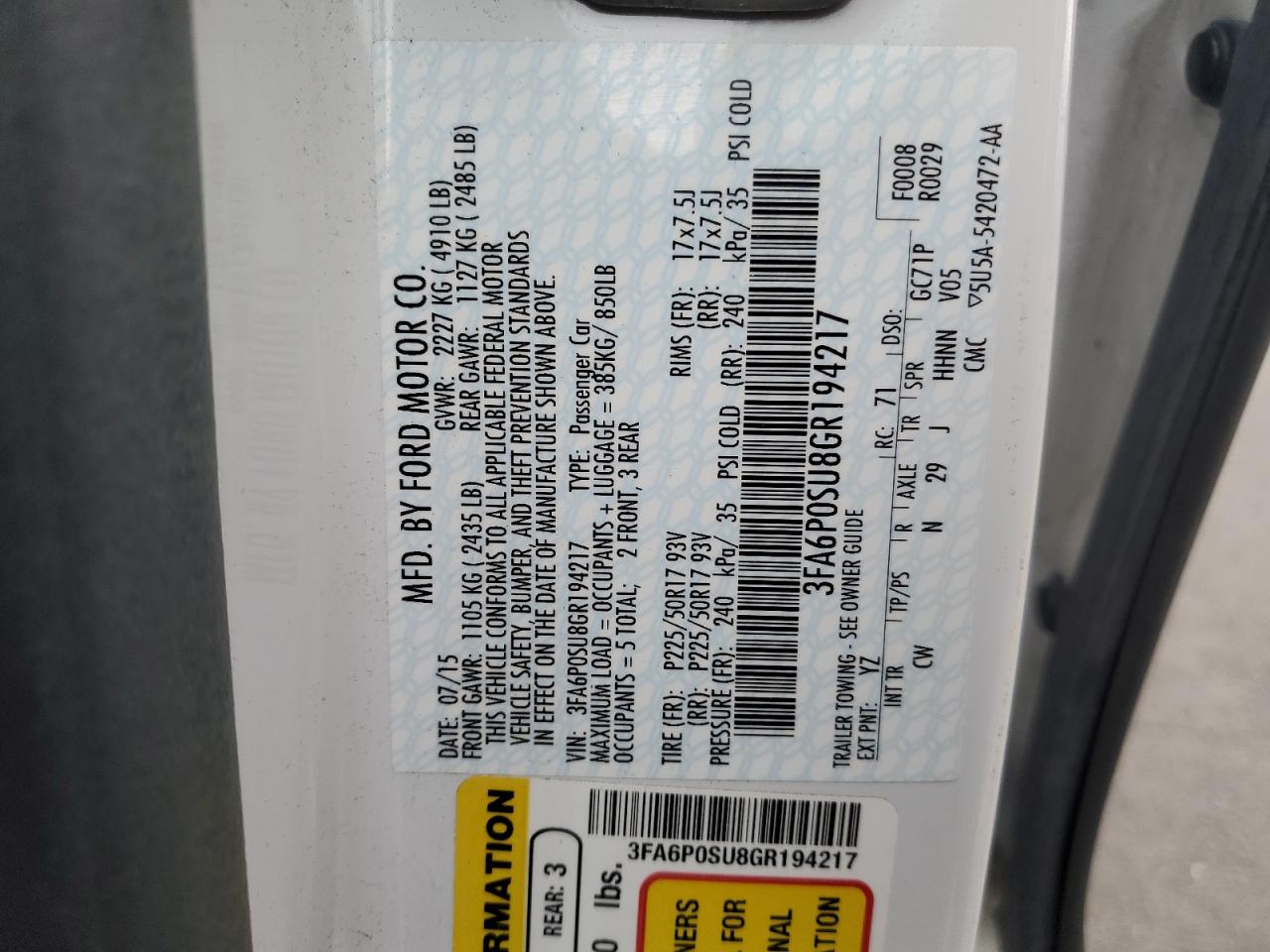 2016 Ford Fusion Titanium Phev VIN: 3FA6P0SU8GR194217 Lot: 82210555