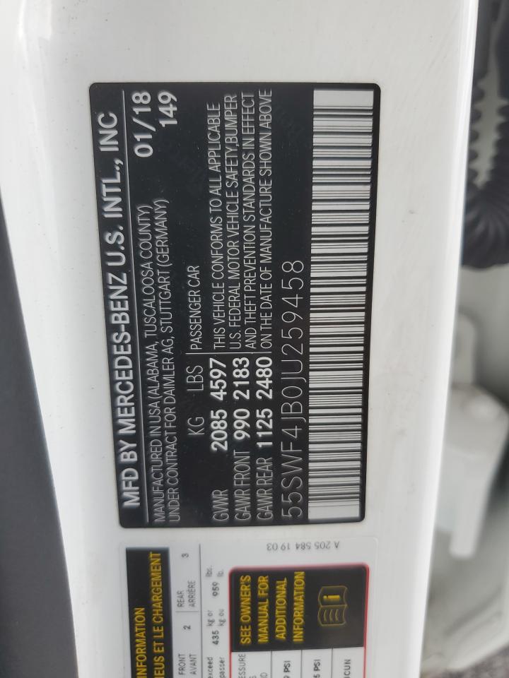 2018 Mercedes-Benz C 300 VIN: 55SWF4JB0JU259458 Lot: 84064045