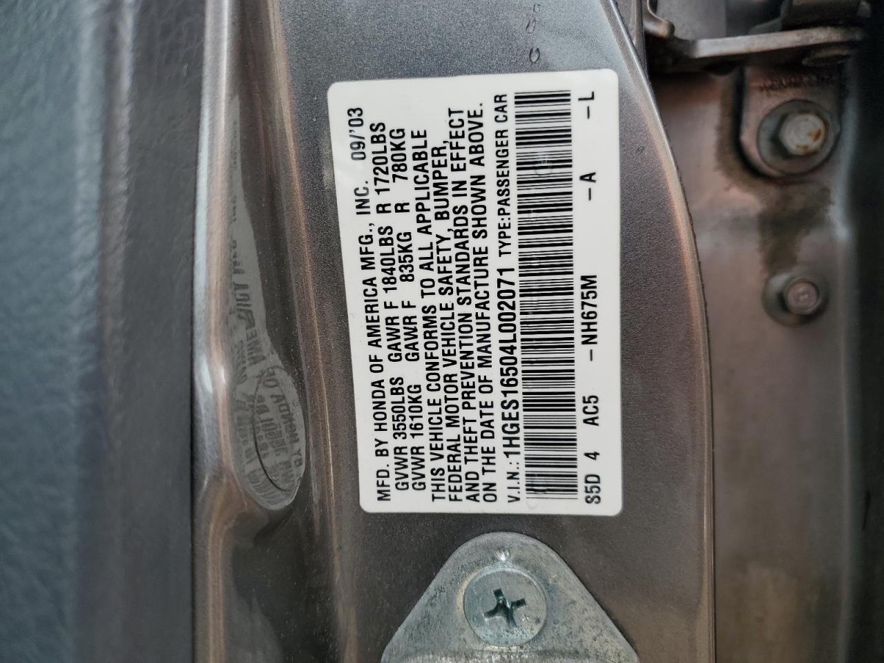 2004 Honda Civic Lx VIN: 1HGES16504L002071 Lot: 87024215