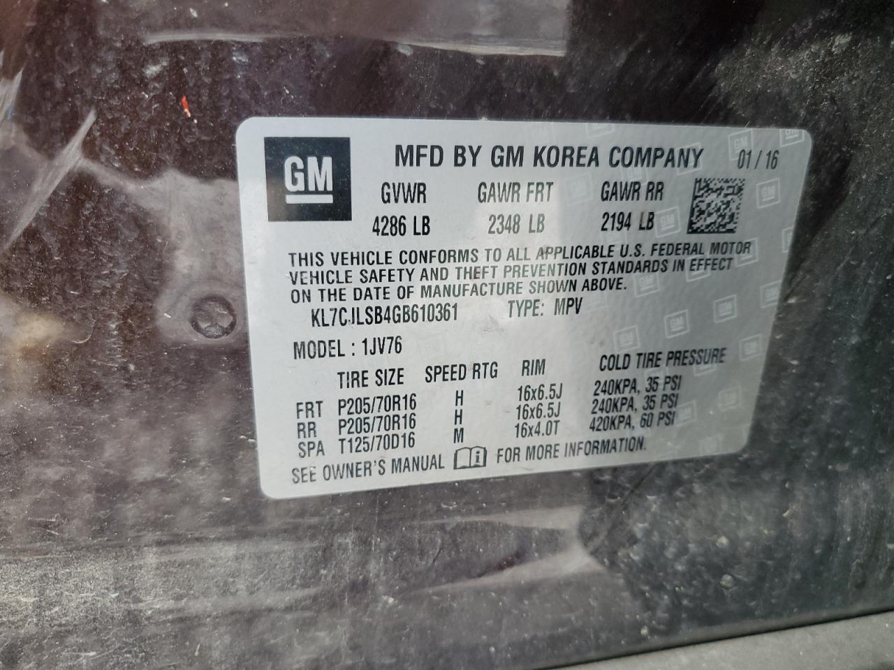 2016 Chevrolet Trax 1Lt VIN: KL7CJLSB4GB610361 Lot: 86275275