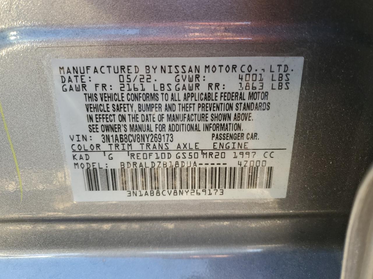 2022 Nissan Sentra Sv VIN: 3N1AB8CV8NY269173 Lot: 85301485