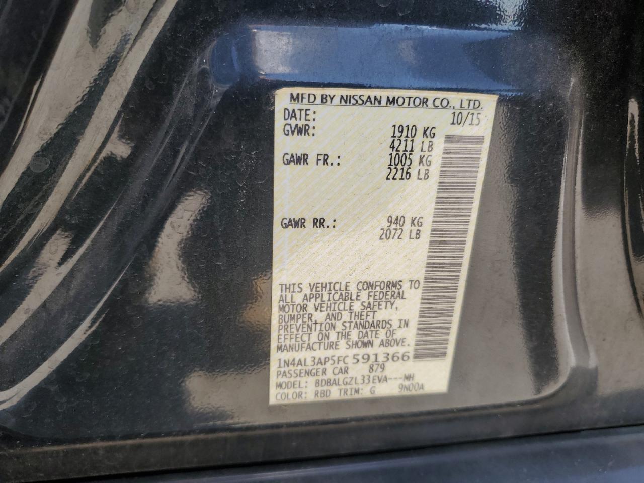 2015 Nissan Altima 2.5 VIN: 1N4AL3AP5FC591366 Lot: 85002935