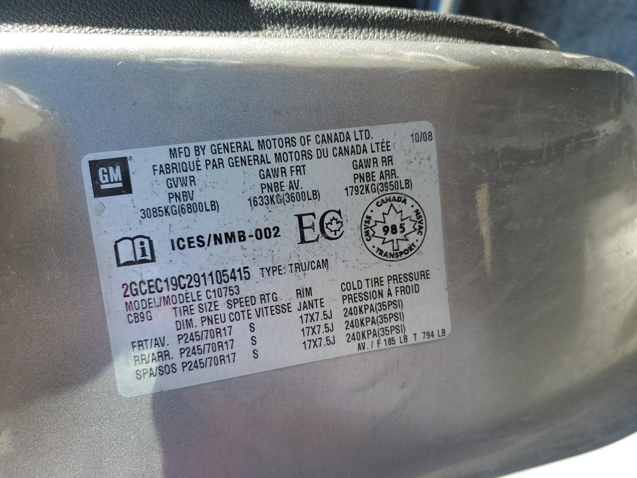 2009 Chevrolet Silverado C1500 VIN: 2GCEC19C291105415 Lot: 85383465