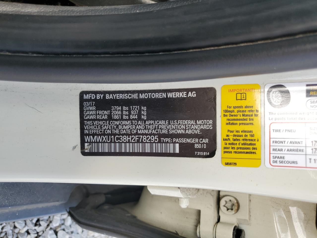 2017 Mini Cooper VIN: WMWXU1C38H2F78295 Lot: 87461535