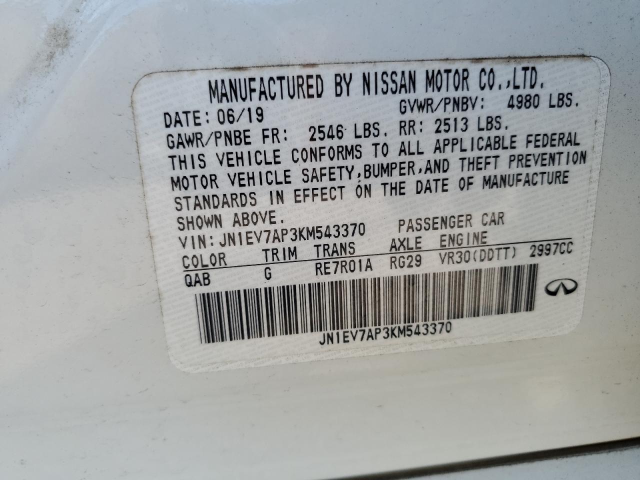 2019 Infiniti Q50 Luxe VIN: JN1EV7AP3KM543370 Lot: 87010915