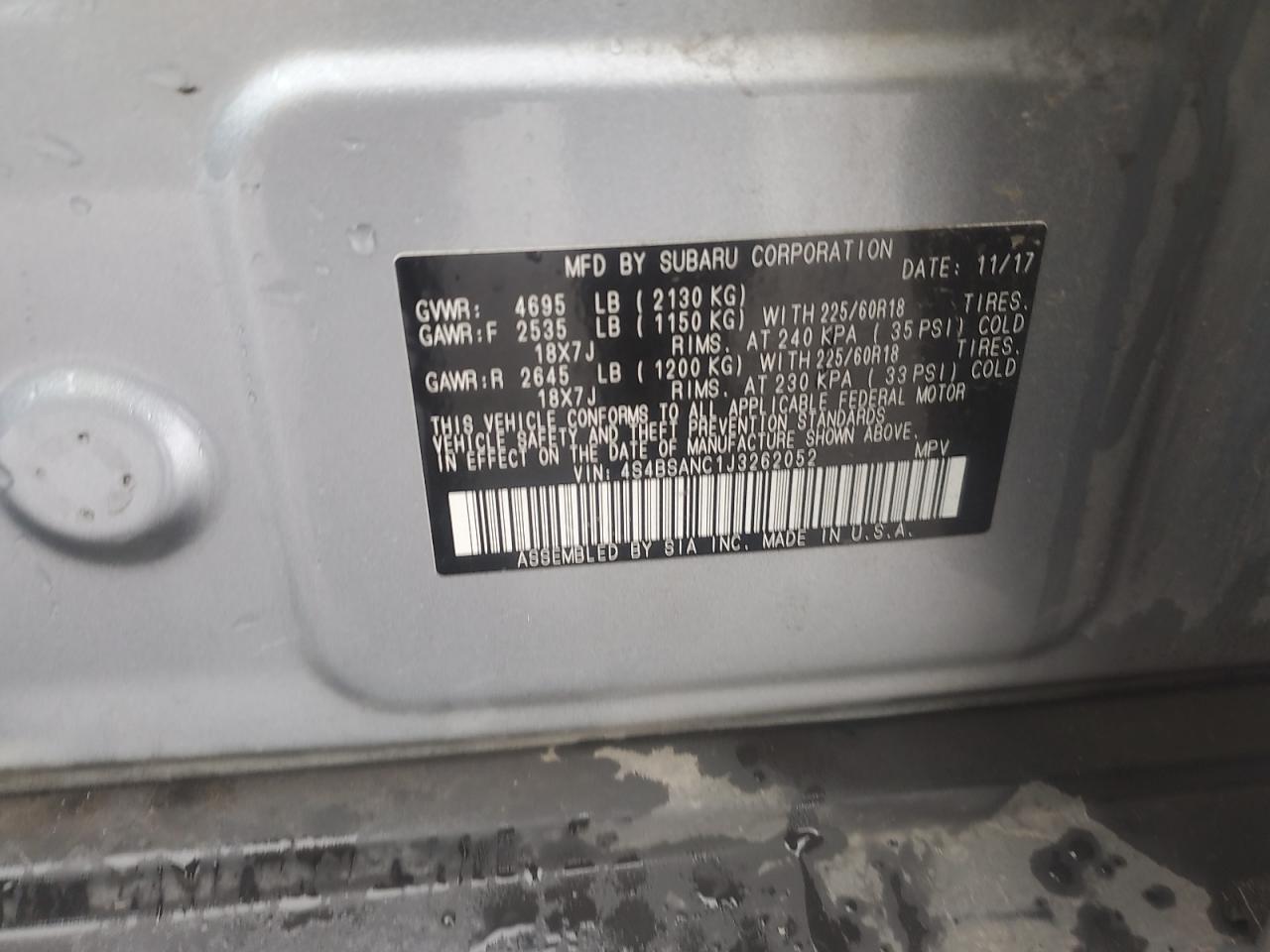 2018 Subaru Outback 2.5I Limited VIN: 4S4BSANC1J3262052 Lot: 81992125