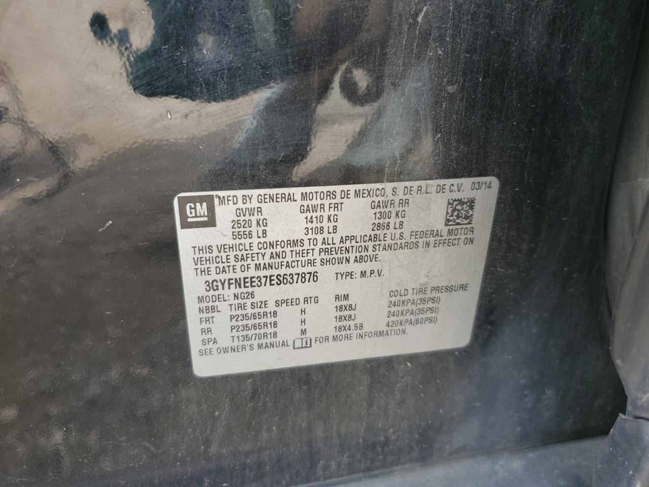 2014 Cadillac Srx Luxury Collection VIN: 3GYFNEE37ES637876 Lot: 84259135