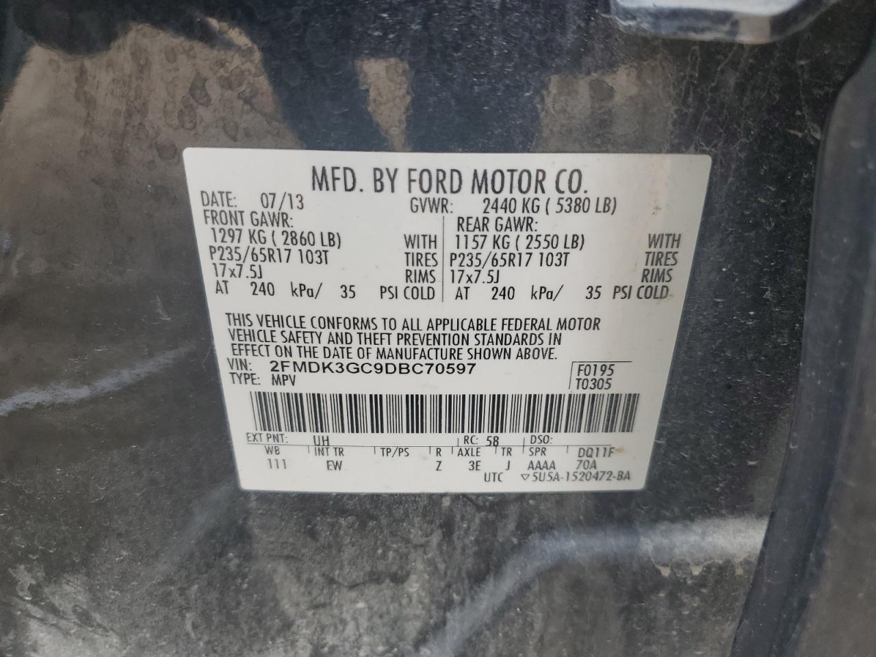 2013 Ford Edge Se VIN: 2FMDK3GC9DBC70597 Lot: 82416125